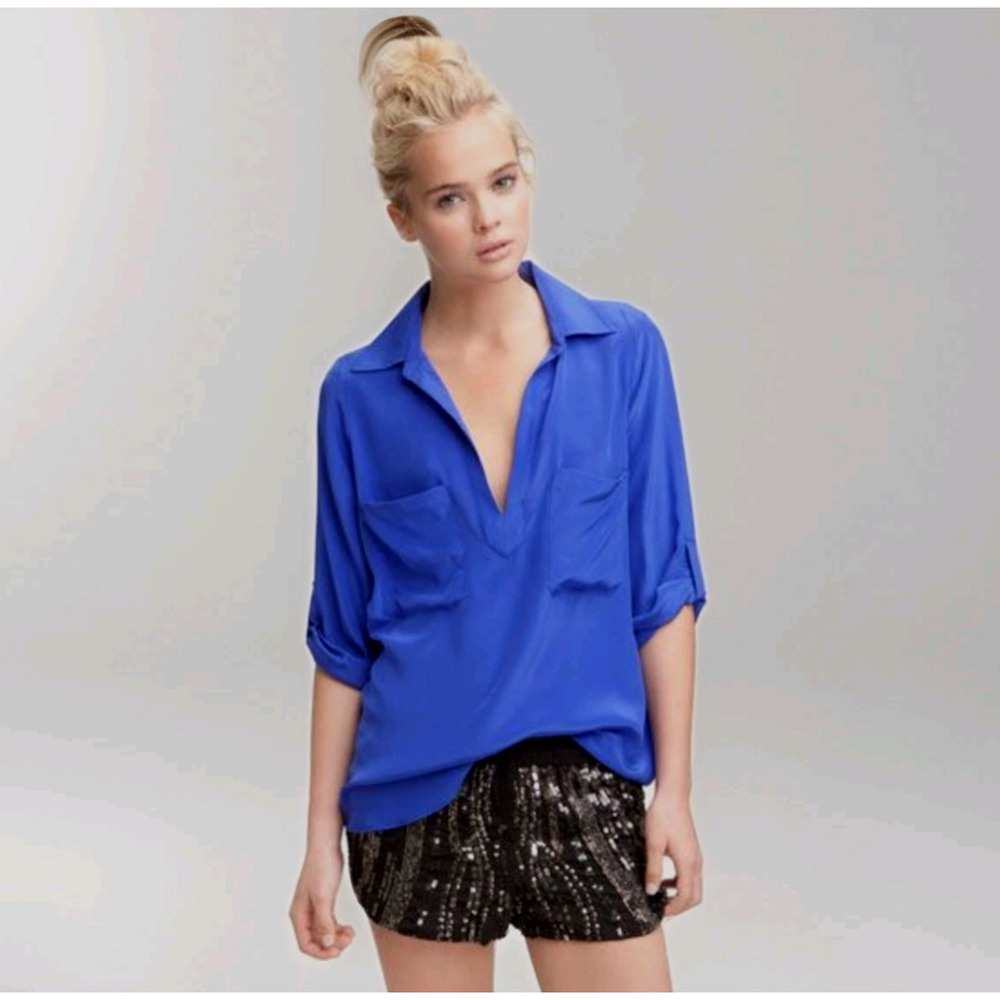 Rory Beca Laura Silk Blouse Slouch Pocket V-Neck Top Purple 1/2 Sleeve Womens XS
